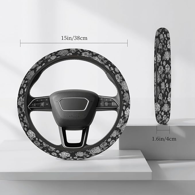 Cute Steering Wheel Cover for Women, Machine Washable Universal 14.5-15.5 inch Non-Slip Grip All Weather Use (Black White Rose)