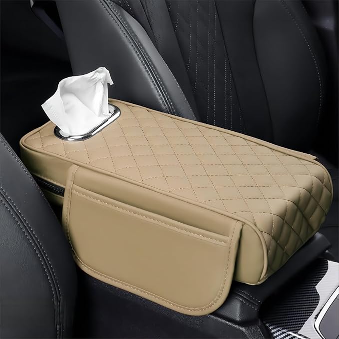 Center Console Cover Arm Rest Cover Cushion Leather Car Armrest Box Pad with Pocket and Tissue Box Auto Armrest Cover for Sedan Vehicle (Beige)