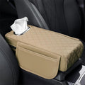 Center Console Cover Arm Rest Cover Cushion Leather Car Armrest Box Pad with Pocket and Tissue Box Auto Armrest Cover for Sedan Vehicle (Beige)