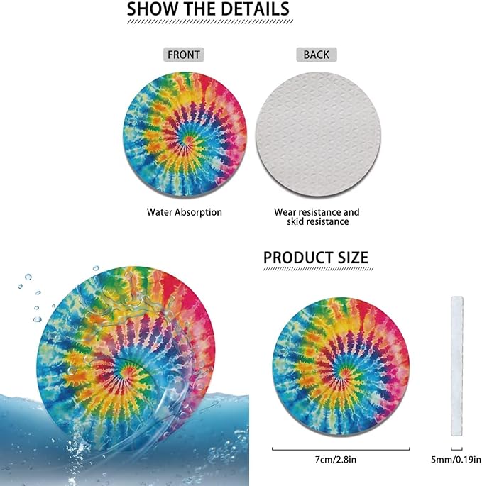 Tie Dye Car Accessories for Women Fashion Hippie Steering Wheel Cover Car Handbrake Cover,Cup Mat 6 Pcs Auto Interior Decor Suit for Vans Truck SUV