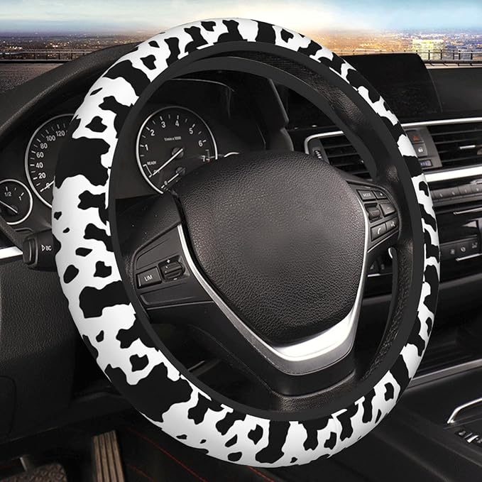 Black White Cow Print Neoprene Steering Wheel Cover for Men Women Anti-Slip Elastic Steering Wheel Protective Cover 15in Universal Car Accessories Fit Cars, SUVs, Auto