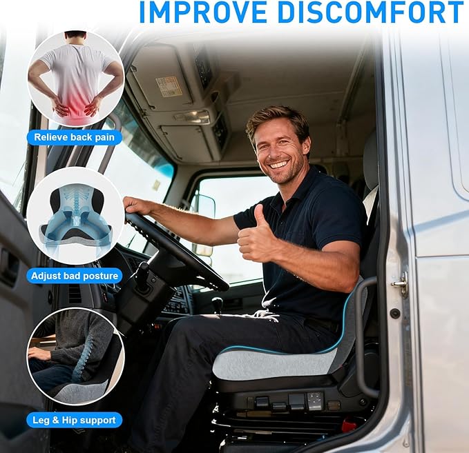 Car Seat Cushion with Lumbar Support for Long Sitting, Ergonomic Memory Foam Driving Seat Cushions for Semi Truck Bus Driver Trucker, Non Slip Office Chair Cushion (Dark Light Gray)