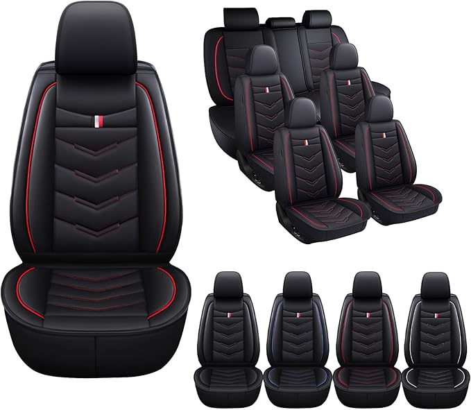 MVRVMV 3 Row 7 Seater Seat Covers for Hyundai Palisade 2020-2026, Airbag Compatible Front and Rear Split Bench Leather Auto Seat Protectors (7 Seat Standard, Black-Red