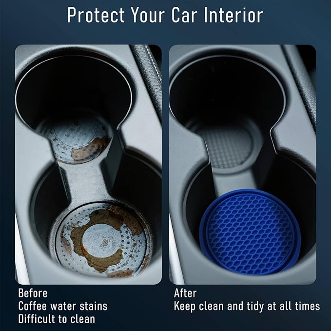 KULOLO Car Cup Holder Coaster 4 Pack - Non Slip & Shockproof,Flexible PVC Rubber Insert for Car/Truck/SUV/Van (2.75"x0.2") Universal Fit Auto Cup Holders Accessories for Women and Man (Blue)