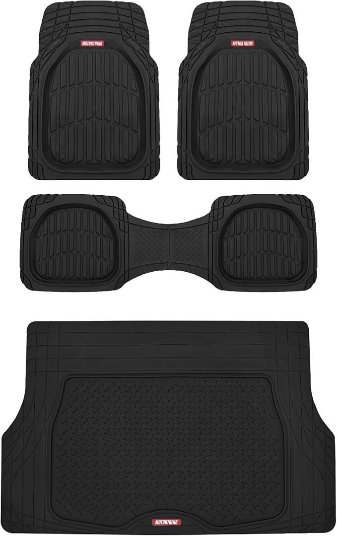 Motor Trend Original FlexTough Black Rubber Car Floor Mats with Cargo Liner - All Weather Automotive Floor Mats, Heavy Duty Trim to Fit Design, Odorless Floor Liners for Cars Truck Van SUV
