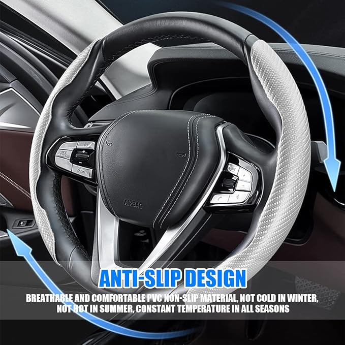 Car Steering Wheel Cover, Carbon Fiber PU Leather Segmented Steering Wheels Protector, Breathable Anti Slip Durable Auto Interior Accessories for Women Men (Carbon Fiber White)