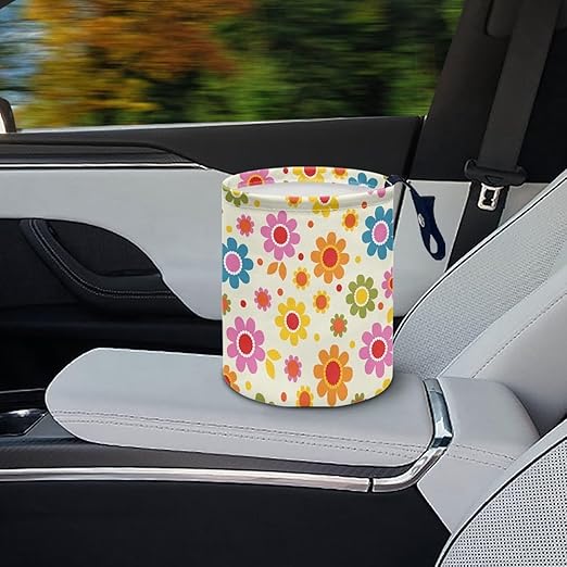 Cute Hippie Flower Mini Car Trash Bin Car Garbage Can Car Storage Bag Waterproof Multipurpose Car Organizer Car Accessories for Women Interior