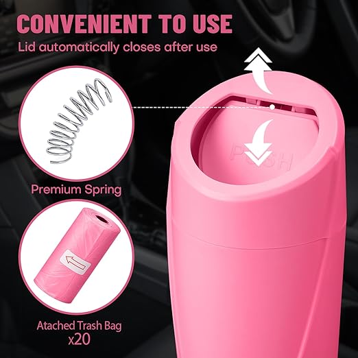 SGLRT Car Trash Can Bin with Lid - Car Garbage Can Cup Holder - Rose Red Mini Leakproof Vehicle Trash Garbage Can Bin with 20pcs Trash Bags-Car Organizers and Storage for Front Back Seat Accessories
