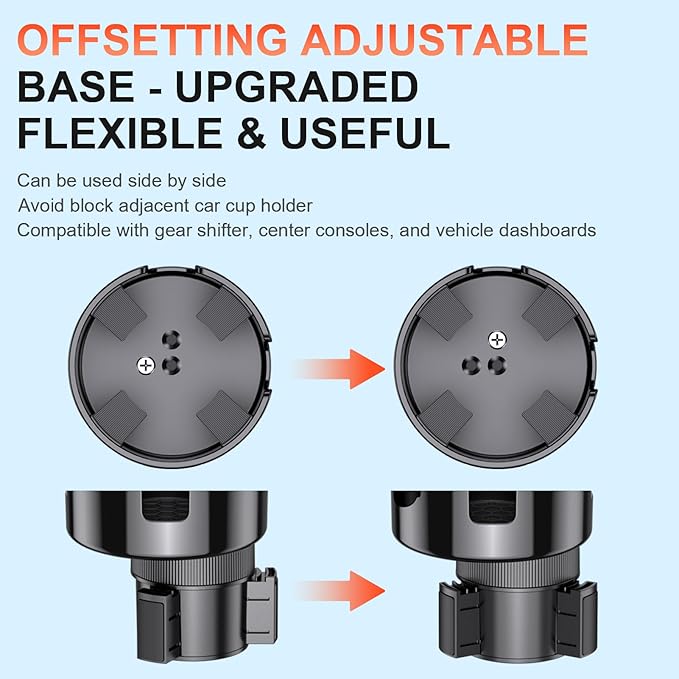 2-in-1 Car Cup Holder Expander, Upgraded Cup Adapter for Car with Offset Option,Phone Holder - Adjustable Base,Versatile Car Accessories Fits Yeti,Hydroflask & Large Water Bottles in 2.2"-4.2" (Black)