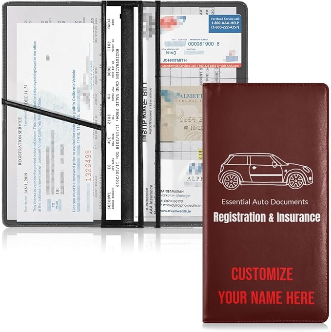 Caihoyu Custom Car Registration and Insurance Card Holder Personalized Leather Glove Box Organize Men Women Wallet Accessories Case for Cards, Essential Document Driver License Burgundy