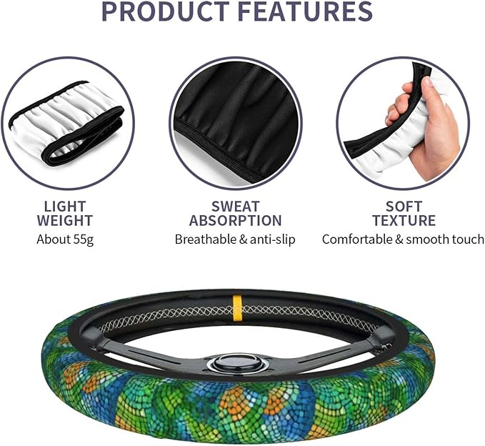 Colorful Snake Skin Steering Wheel Cover Elastic Non-Slip Car Steering Wheel Covers with Seat Belt Shoulder Pad for Women Men