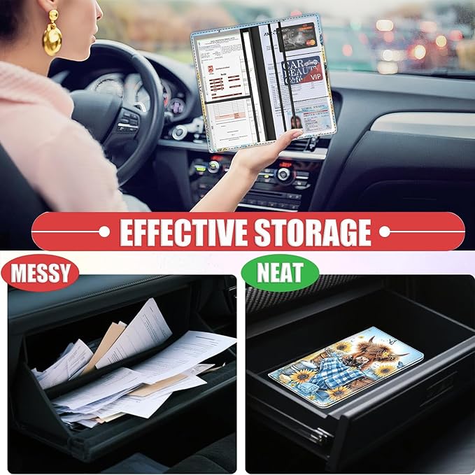 Car Registration and Insurance Card Holder for Women Men, Waterproof PU Leather Glove Box Car Organizer with Magnetic Shut, Vehicle Document Holder for Driver License,Cards, Cute Cow Sunflower