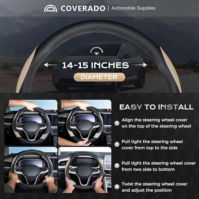 Coverado Car Steering Wheel Cover, Nappa Leather Black & Brown Steering Wheel Covers, Universal 14-15 inch, Anti-Slip, Breathable Steering Wheel Protector for Women Men