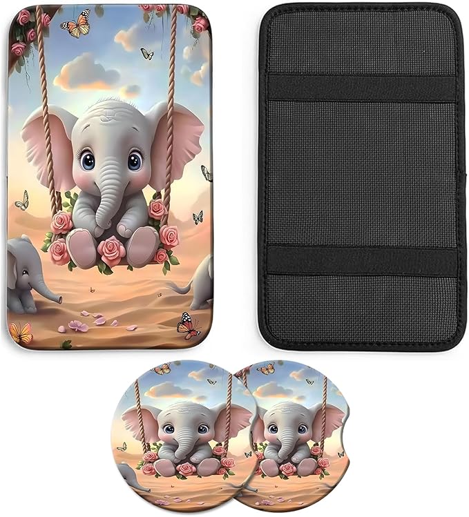 JANENFNA Car Armrest Cover Pads Universal Fashion Cute Auto Center Console Armrest Cover Pad with 2PCS Car Coasters Soft Waterproof Car Armrest Seat Protector for Women,Baby Elephant on Swing-A