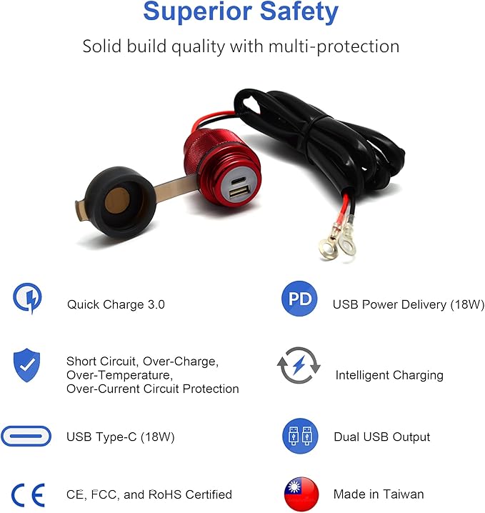 Cliff Top 12V USB Outlet 12V Outlet USB 12 V Outlet 36W PD USB-C and QC 3.0 Magnetic Power Switch Boat USB Charging Port Waterproof 12V Multi Port Outlet - Prevent Battery Drain - Red