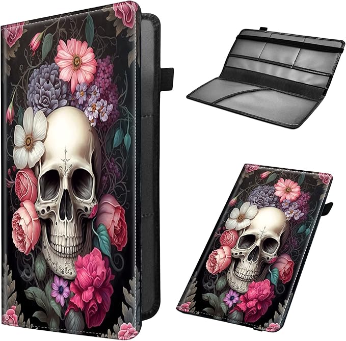 Mxfdegf Car Registration & Insurance Holder, Leather Glove Box Organizer, Cool Accessories for ID, Driver's License Cards & Essential Documents, Men & Women's Business Cards, Rose Skull Flower