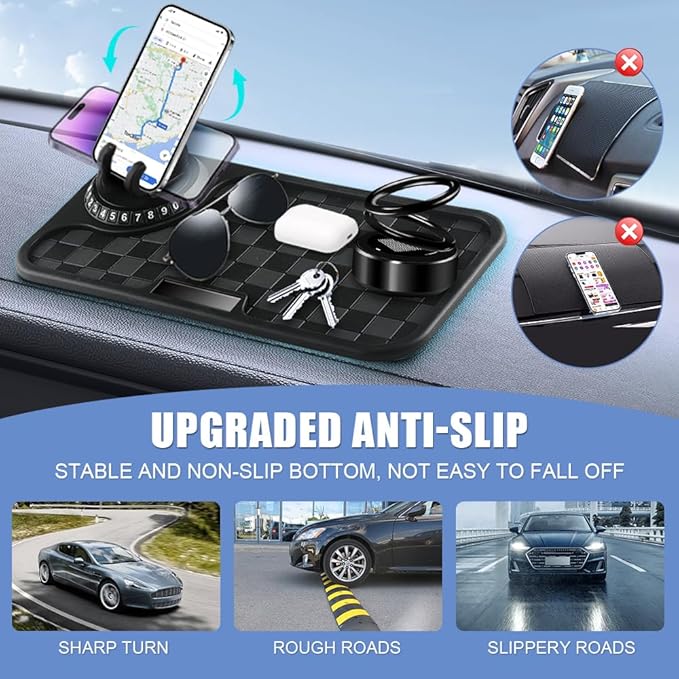 NHHEO Car Anti Slip Mat Dashboard Tray Decorations Sticky Pad Multi Functional Ultra Thick with 360° Rotating Universal Phone Pad Holder+Number Plate, Washable Checkerboard Design(Black&Gray)