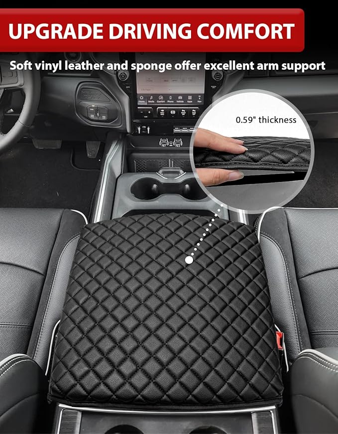 KBH Center Console Armrest Cover for Dodge Ram 1500 2500 3500 2019-2026, Floor Console Bucket Seat, Customized Front Arm Rest Lid Cushion Pad, Vinyl Leather, Anti-Scratch, Black