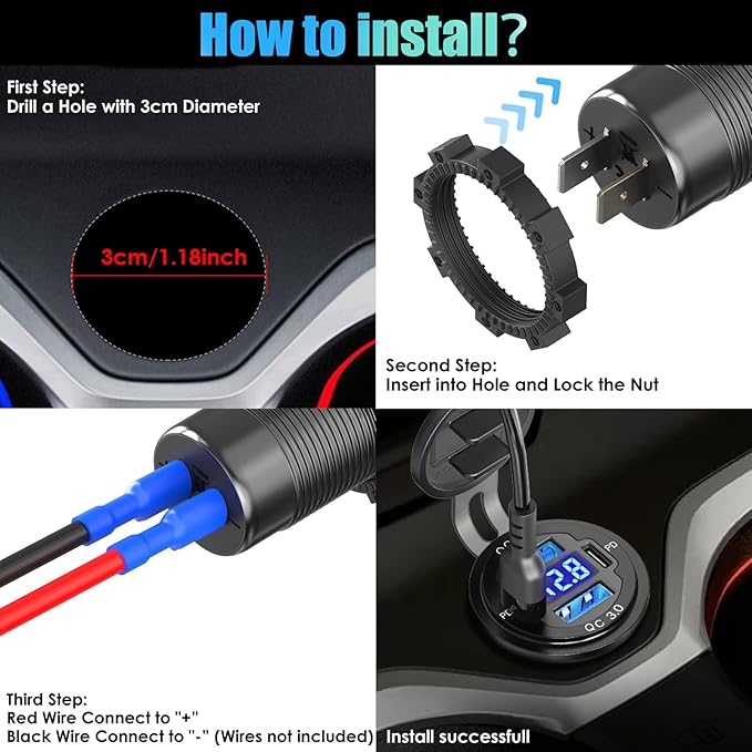 12V USB C Outlet 78W 4 Ports Aluminum Car Charger Socket, Dual PD 30W and Dual QC 18W Car USB Port 12V Charger with Voltmeter and C to C Cable, Suitable for Boat Marine Bus Truck Golf RV Motorcycle