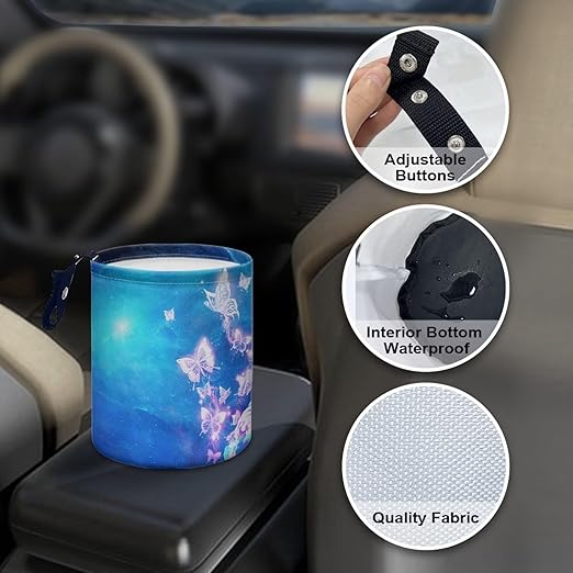 Blue Glowing Butterfly Car Trash Can, Cute Car Trash Bag, Vehicle Trash Can, Multipurpose Trash Bag Hanging, Portable, Collapsible, Waterproof Storage Bag for Cars