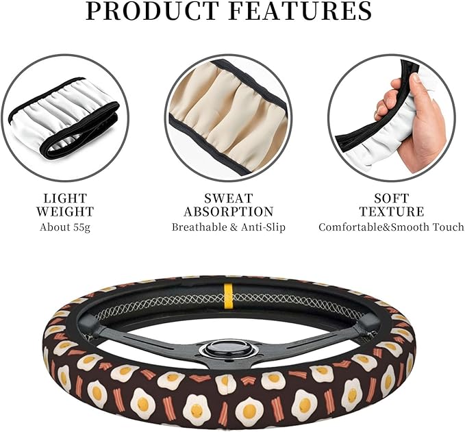 Neoprene Steering Wheel Cover Bacon and Eggs Car Steering Wheel Cover Universal Fit for Most Cars