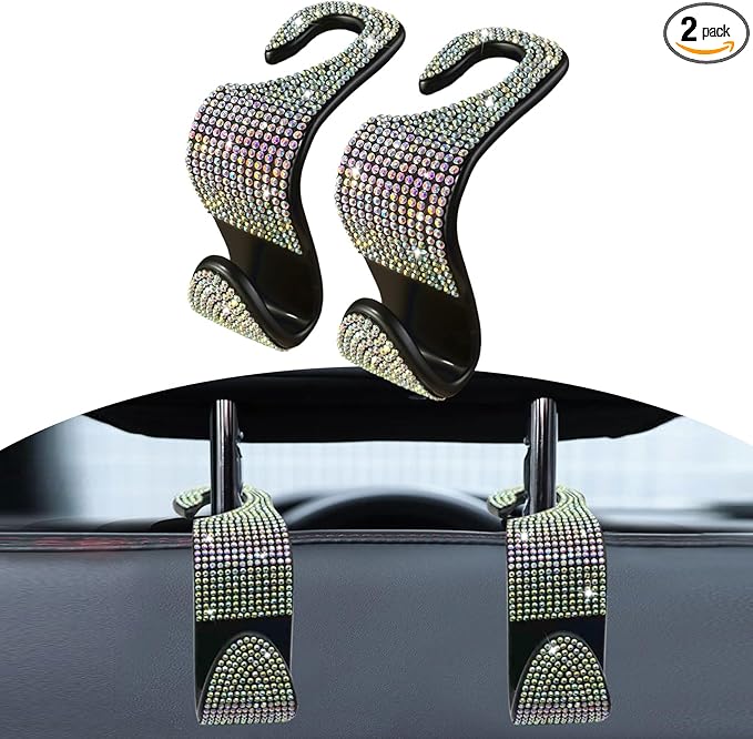 2PCS Car Seat Hooks, Purse Hook for Car, Crystal Rhinestone Vehicle Backseat Purse Holder, Auto Accessories Diamond Auto Seatback Storage Organizer Hanger for Handbag Clothes Purse (Colorful)