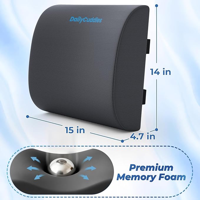 DailyCuddles Lumbar Support Pillow for Office Chair Back Support - Memory Foam Lumbar Pillow for Car or Gaming Chair, Ergonomic Back Cushion with Adjustable Strap for Long-Hour Sitting (Grey,X-Large)