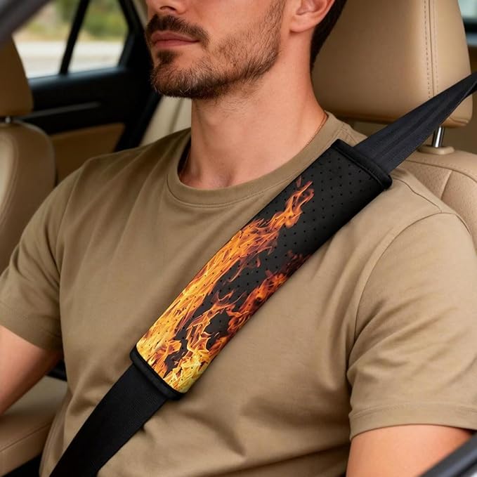Psesaysky 5-Piece Leather Car Accessories Full Set, Cool Flames Front Seat Covers Set of 2, Armrest Cover, 2 Pieces Seat Belt Covers, Universal Fit, Easy Installation