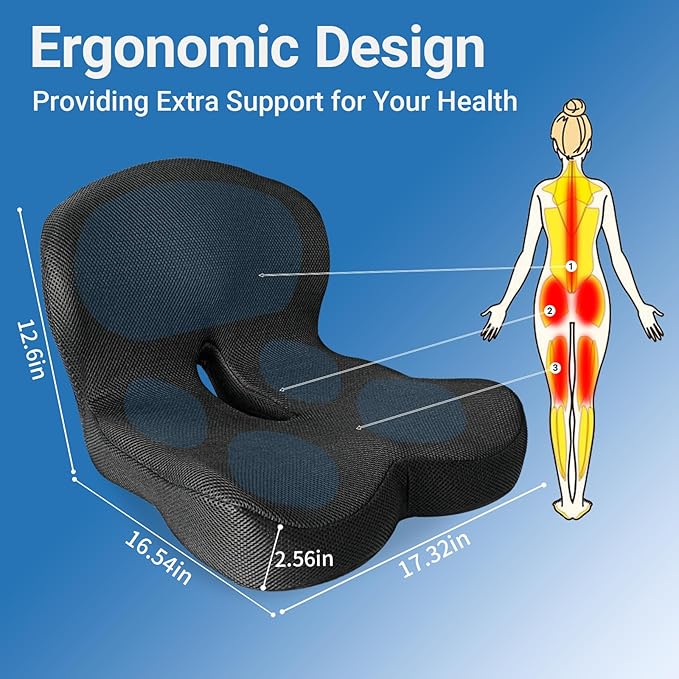 XZdream Memory Foam Seat Cushion,Office Chair Cushion with Lumbar Support for Back Pressure Relief, Car Seat Cushion with Adjustable Strap,Sciatica Pad Cushions for Car,Truck (Black+Mesh Cloth)