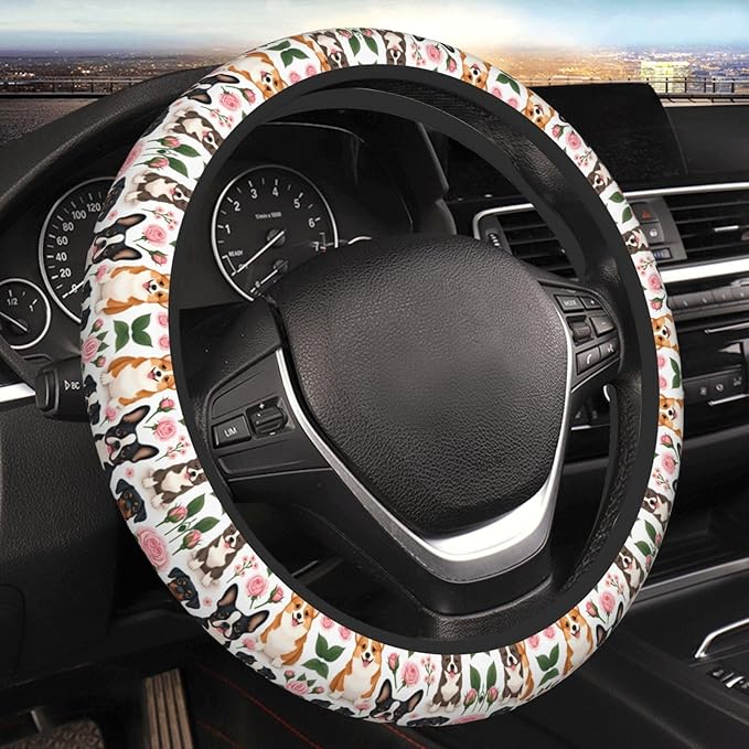 Cute Dogs Neoprene Steering Wheel Covers Women Men Car Accessories, Universal 15 Inch Fit Auto, Suvs, Truck