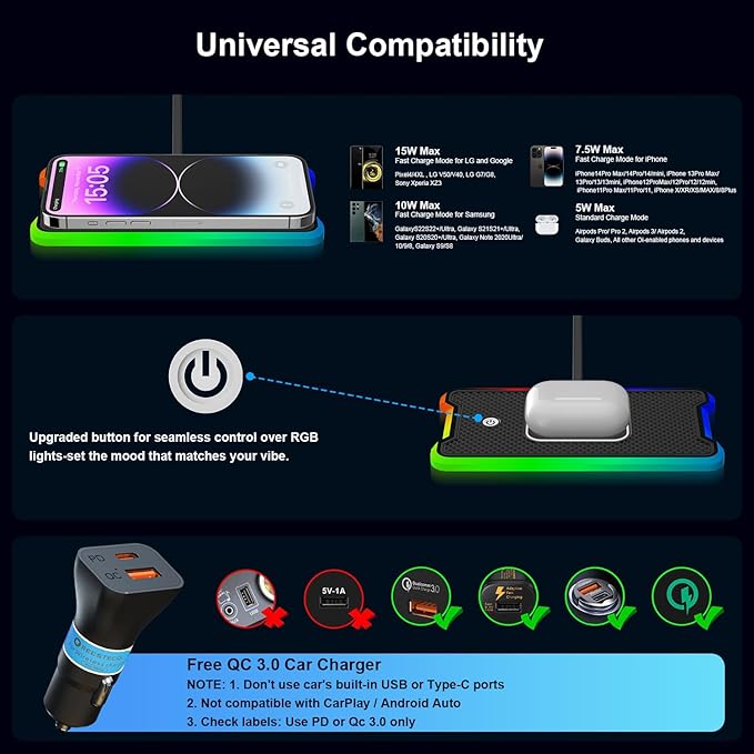 Wireless Car Charger Pad, REESTECQI 15W RGB Wireless Charger for Car Type C Non Slip Charging Pad for Car Compatible with Airpods iPhone 16/15/14/13/12,Samsung Google (30CM Cable)