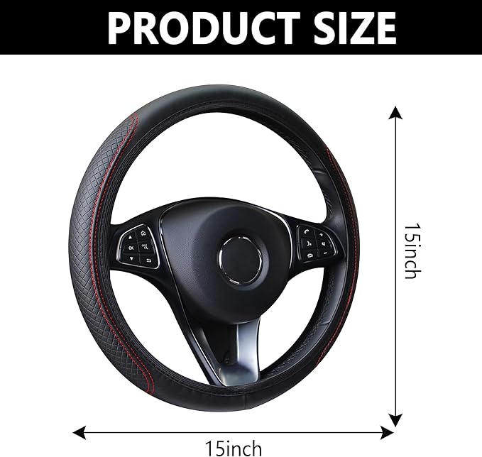 Leather Steering Wheel Cover,Anti Slip Car Steering Wheel Cover for Car Decorations & Steering Wheel Protections,Universal 15Inch Wheel Cover Car Interior Accessories for Men & Women (Black+Red)
