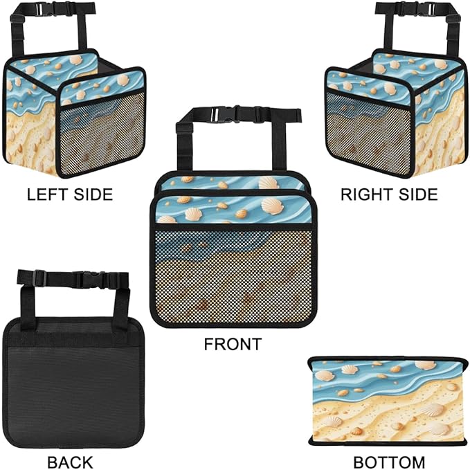 Beach Sea Shell Ocean Car Backseat Organizer PU Leather Automotive Back Seat Storage Bag Universal Hanging Garbage Box Travel Accessories Foldable