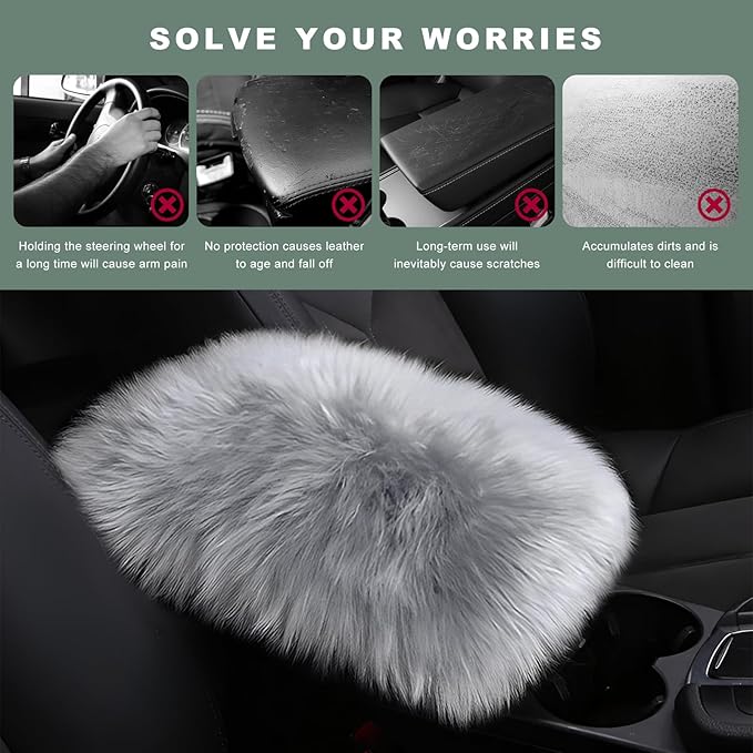 Furry Car Center Console Cover Pad, 11.8"×7.9" Auto Fluffy Plush Center Armrest Protective Cover, Comfortable Fuzzy Armrest Seat Box Protector Cushion for Cars Trucks SUVs (Light Gray)