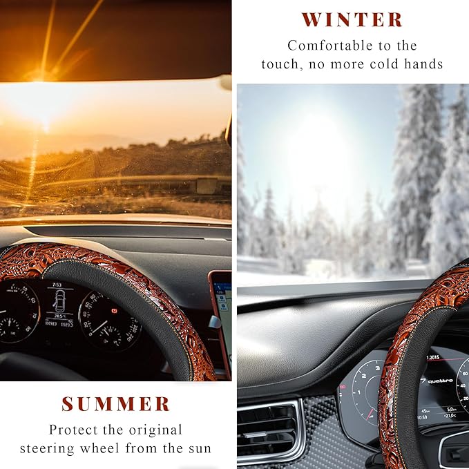 Leather Car Steering Wheel Cover, 15" Crocodile Pattern Anti Slip Car Wheel Wrap with Rose Grain, Four Seasons Universal Auto Steering Wheel Protector for Cars Trucks SUVs (Brown & Black)