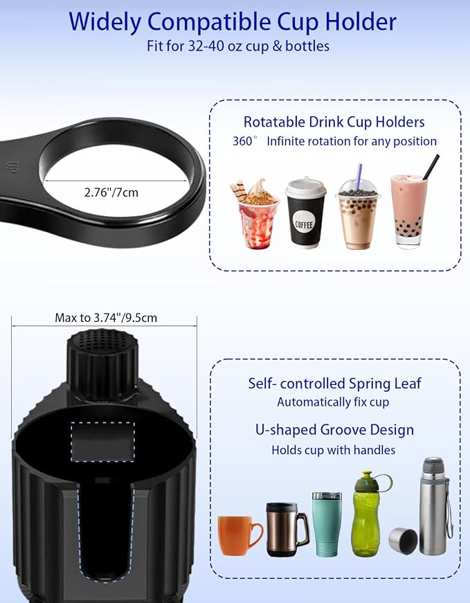 Car Cup Holder Tray - 5 in 1 Adjustable Car Cup Holder Expander with Food Tray Table and Phone Mount for All Purpose, Automotive Essentials for Driver and Front Passenger