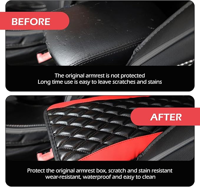Car Center Console Cover, Leather Waterproof Car Armrest Cover Cushion, Auto Center Console Cushion Pad, Auto Interior Accessories for Most Vehicle, SUV, Truck (Red)