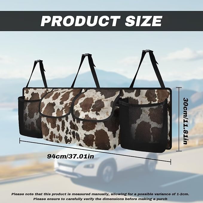 SEANATIVE Brown Cow Car Trunk Organizer, Backseat Hanging Storage with 4 Large Pockets, Collapsible Cargo Bag with Adjustable Straps Frees Trunk Floor, Suit for SUV, Truck, Van