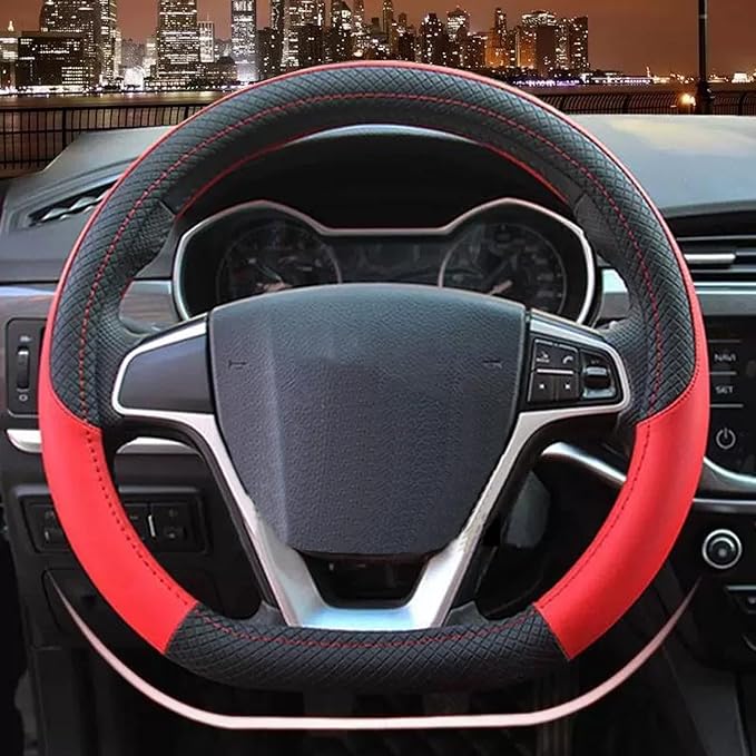 D Shape Car Steering Wheel Cover, Universal 15 inch Stitching Color Anti-Slip Steering Wheel Protector, Black and Red Sports Style (red Sports D Shape)