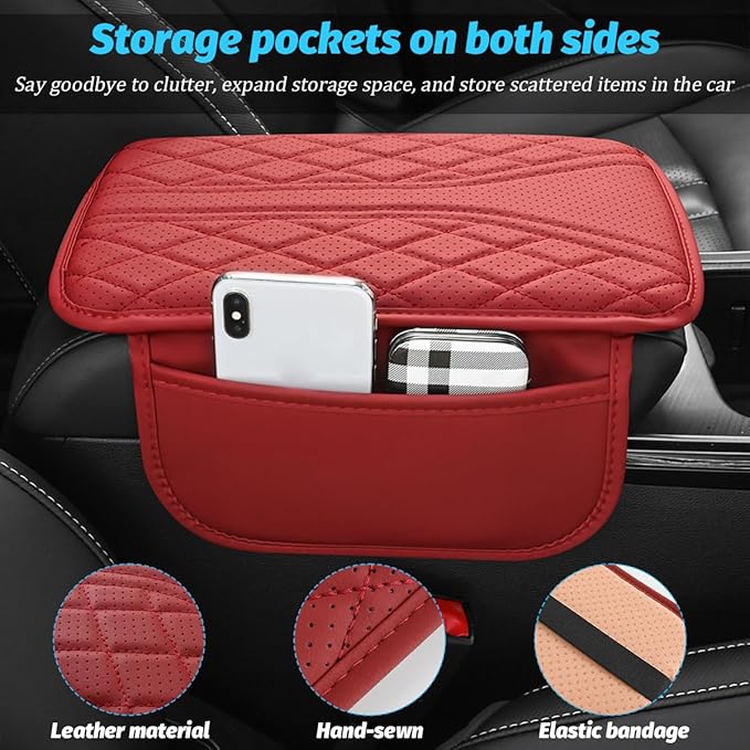 Car Center Console Cover, Leather Vehicle Armrest Box Pad with 2 Storage Bags, Automotive Interior Arm Rest Cushion Protector Accessories, Universal for SUV Sedan Truck (Black)