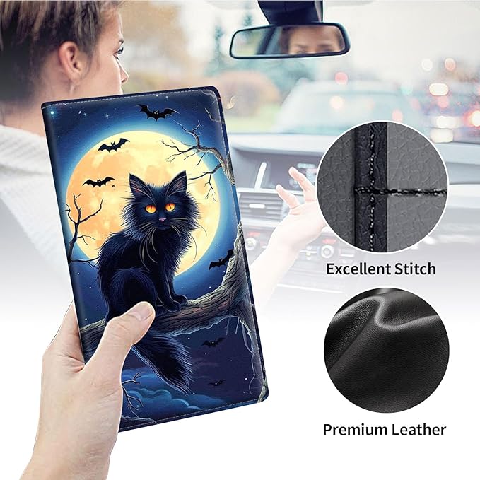 Qindaiwen Car Registration and Insurance Holder, Vehicle Card Document Elastic Band Closure Glove Box Organizer, Driver License Cards, Car Accessories for Essential Info, Cat Moon