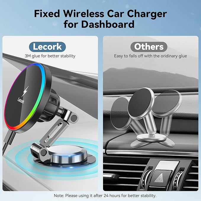 Lecork for Magsafe Car Mount Charger, 15W Magnetic Wireles Car Charger for iPhone 12 13 14 15 16 Series, Stick On Dashboard Phone Holder Mount for Samsung S25 Series, Zinc Alloy Shell, Black