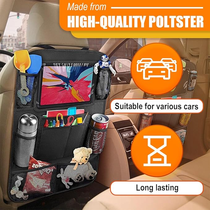 Car Backseat Organizer, Oxford Cloth Kick Mats Back Seat Protector with 9 Pockets & Clear Tablet Holder, Universal Waterproof Car Road Trip Essentials Storage Accessory (1PC)