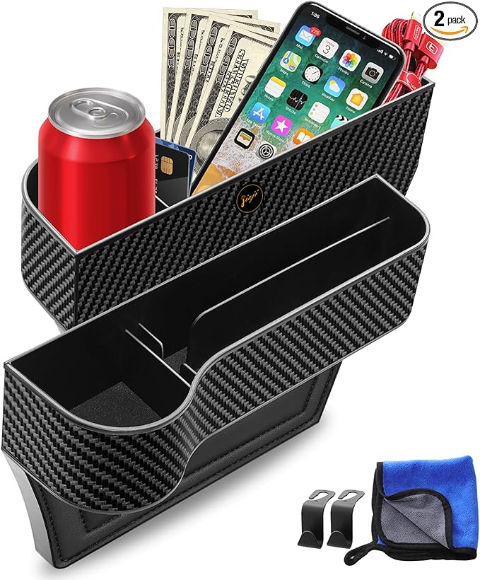 LEYACS Car Seat Gap Filler, Premium Leather Car Seat Gap Filler Organizer with Cup Holder, Car Seat Organizer with Two Seat Hooks, Can Hold Cell Phone, Keys, Cards, Canned Drinks - 2 Pack, Black