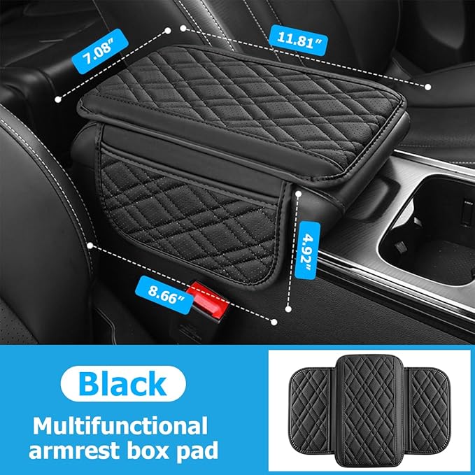 Mandark Car Center Console Cover, 2PCS Leather Vehicle Arm Rest Cushion with 2 Storage Bags, Automotive Armrest Interior Seat Box Pad Accessories, Universal for SUV, Sedan, Truck (Black)