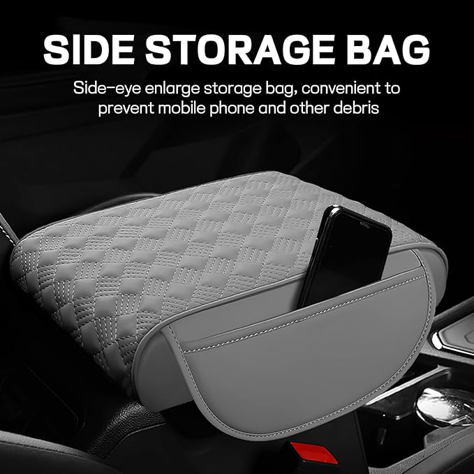 Hbxdeco Car Armrest Cushion, 12.2"×8.3" Leather Auto Memory Foam Center Console Pad with Storage Pocket, Waterproof & Anti-Scratch Elbow Pillow Armrest Seat Box Protector, Universal Fit (Gray)