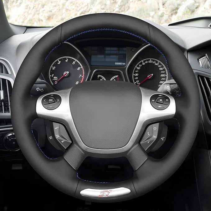 MEWANT Hand Stitch Steering Wheel Cover Fit for Ford Focus ST 2013 2014 Custom DIY Hand Sewn Black Genuine Leather Steering Wheel Wrap Interior Accessories