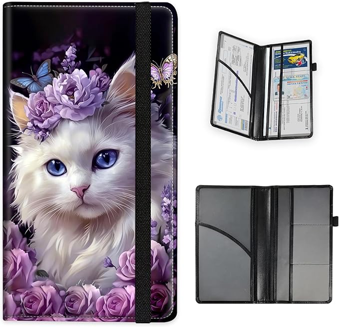 Tudguiloae Car Registration and Insurance Card Holder, Trunk Document Holder Organizer, Essential Vehicle Glove Box Organizer Leather Wallet for Driver, Flower Bed with Cute White Cat
