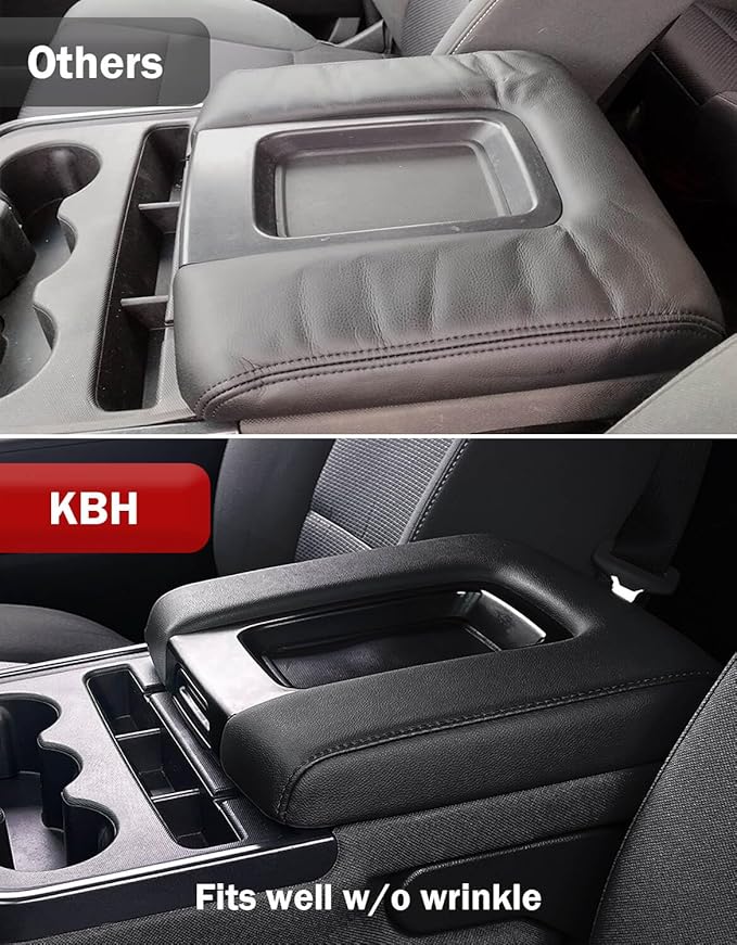 KBH Auto Center Console Armrest Cover Replacement for Chevy Chevrolet Silverado & GMC Sierra 1500 2500 3500 2014-2018, Vinyl Leather Arm Rest Upholstery, Anti-Scratch, Split Bench Jump Seat (Black)