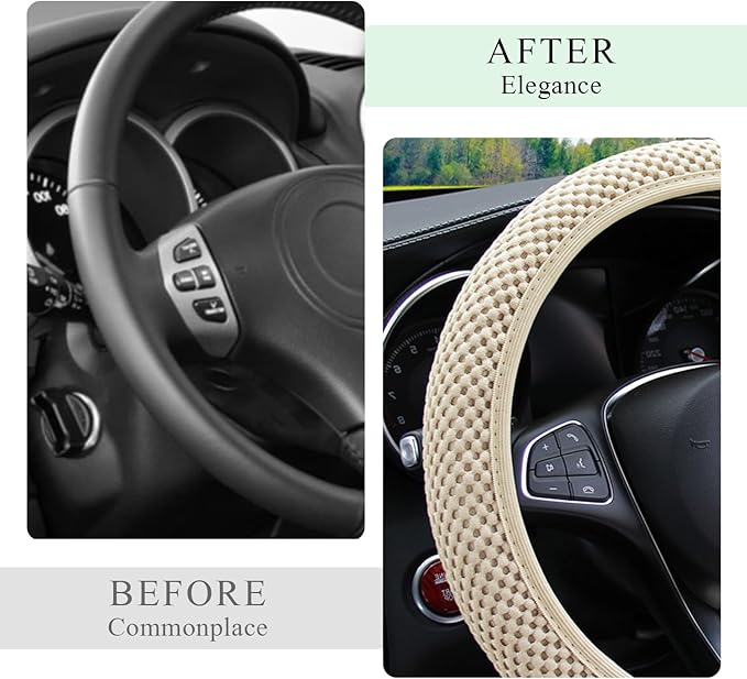 Elastic Steering Wheel Cover, 15"×15" Comfy Breathable Stretch Steering Wheel Protector, Ice-Silk Cloth Polyester Steering Wheel Cover for Men Women, Car Accessories (Beige)